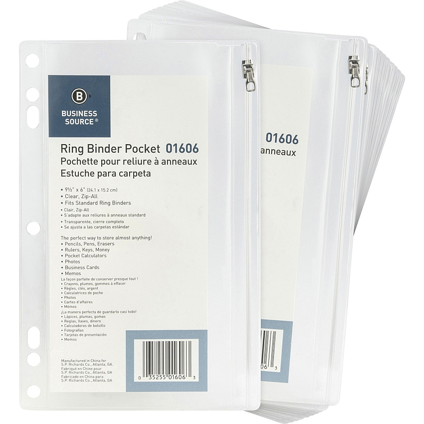 Business Source Punched Economy Binder Pocket 9.5" Height x 6" Width - 7 x Holes - Ring Binder - Clear - Plastic - 24 / Box (BSN01606BX)