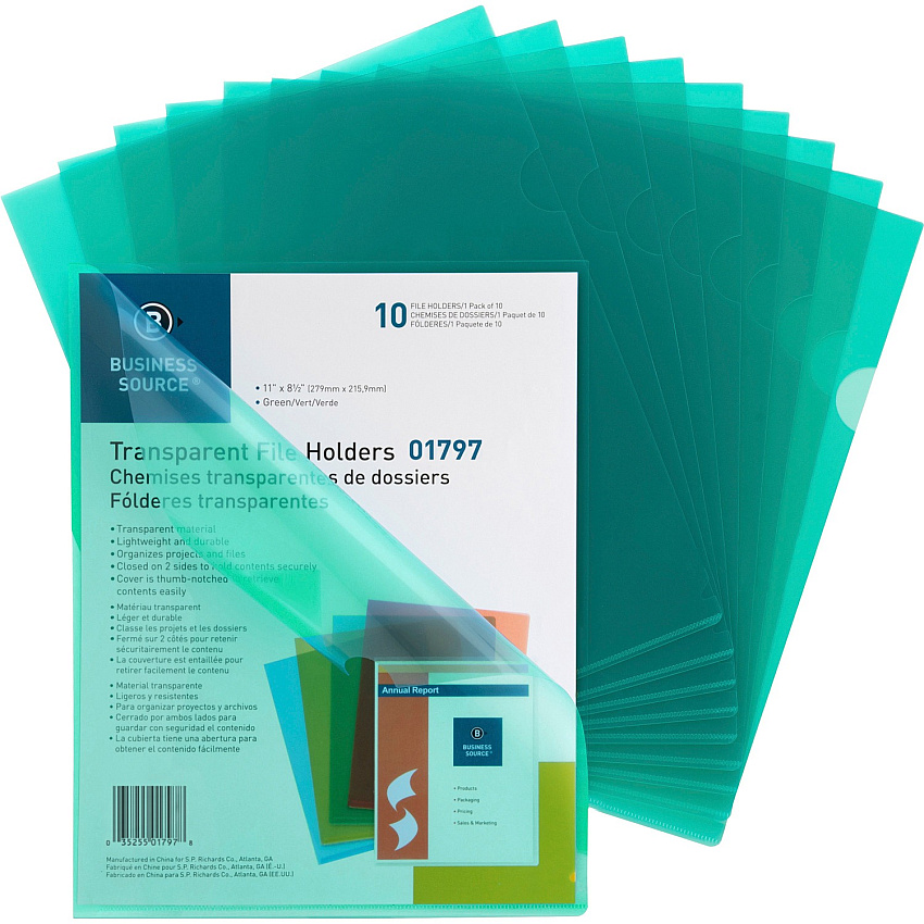 Business Source Letter File Sleeve 8 1/2" x 11" - 20 Sheets Capacity - Green - 10 / Pack (BSN01797)