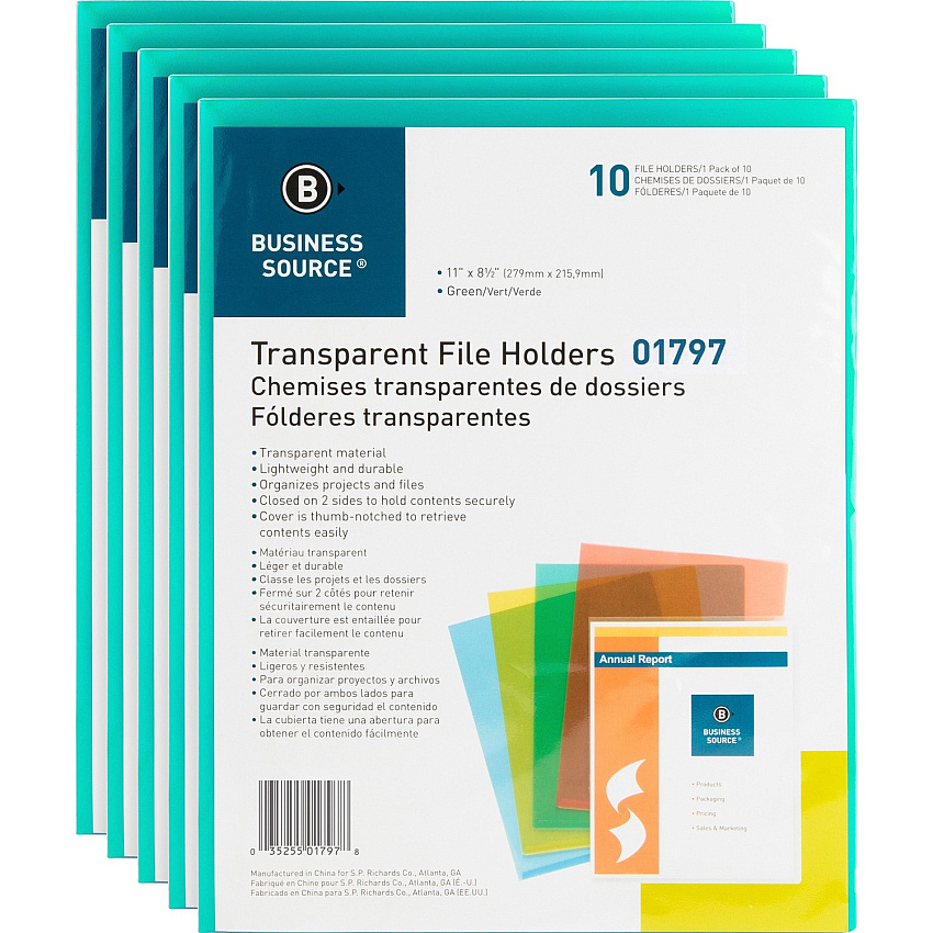 Business Source Letter File Sleeve 8 1/2" x 11" - 20 Sheets Capacity - Green - 10/Pack - 5 / Box (BSN01797BX)