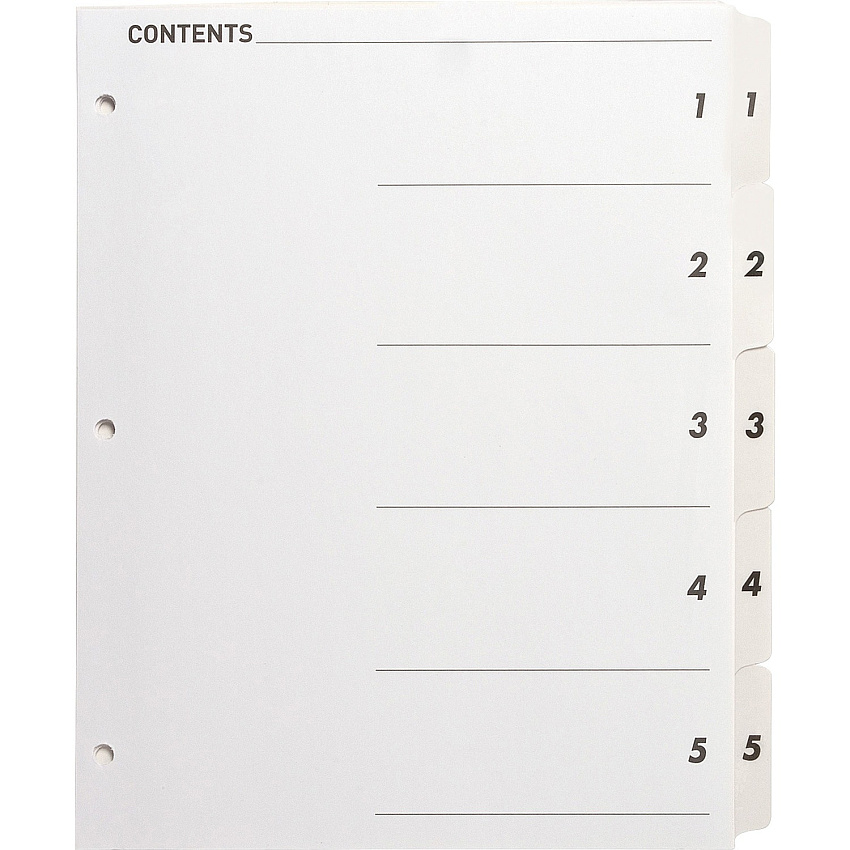 Business Source Table of Content Quick Index Dividers Printed Tab(s) - Digit - 1-5 - 5 Tab(s)/Set - 8.5" Divider Width x 11" Divider Length - 3 Hole Punched - White Divider - White Mylar Tab(s) - 5 / Set (BSN05852)