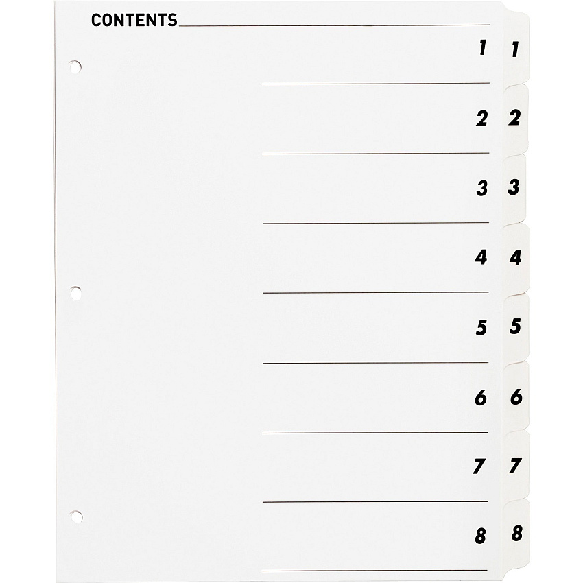 Business Source Table of Content Quick Index Dividers Printed Tab(s) - Digit - 1-8 - 8 Tab(s)/Set - 8.5" Divider Width x 11" Divider Length - 3 Hole Punched - White Divider - White Mylar Tab(s) - 8 / Set (BSN05853)
