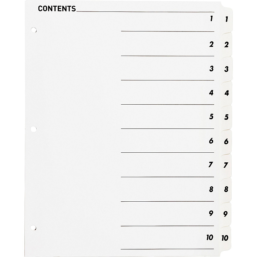 Business Source Table of Content Quick Index Dividers Printed Tab(s) - Digit - 1-10 - 10 Tab(s)/Set - 8.5" Divider Width x 11" Divider Length - 3 Hole Punched - White Divider - White Mylar Tab(s) - 10 / Set (BSN05854)