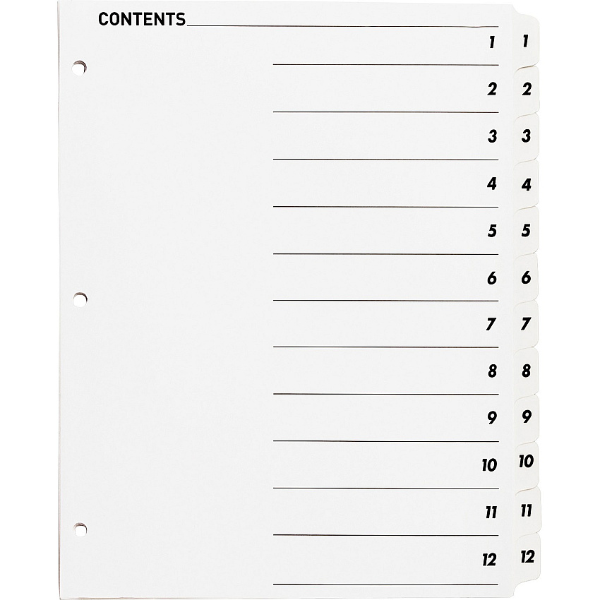 Business Source Table of Content Quick Index Dividers Printed Tab(s) - Digit - 1-12 - 12 Tab(s)/Set - 8.5" Divider Width x 11" Divider Length - 3 Hole Punched - White Divider - White Mylar Tab(s) - 12 / Set (BSN05855)