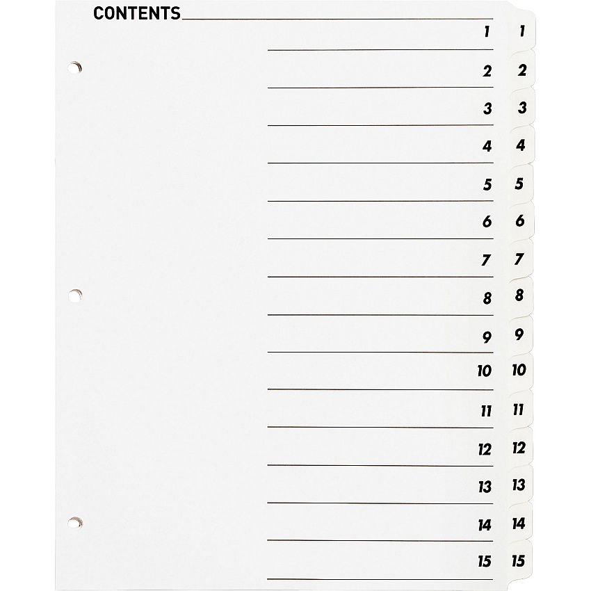 Business Source Table of Content Quick Index Dividers Printed Tab(s) - Digit - 1-15 - 15 Tab(s)/Set - 8.5" Divider Width x 11" Divider Length - 3 Hole Punched - White Divider - White Mylar Tab(s) - 15 / Set (BSN05857)