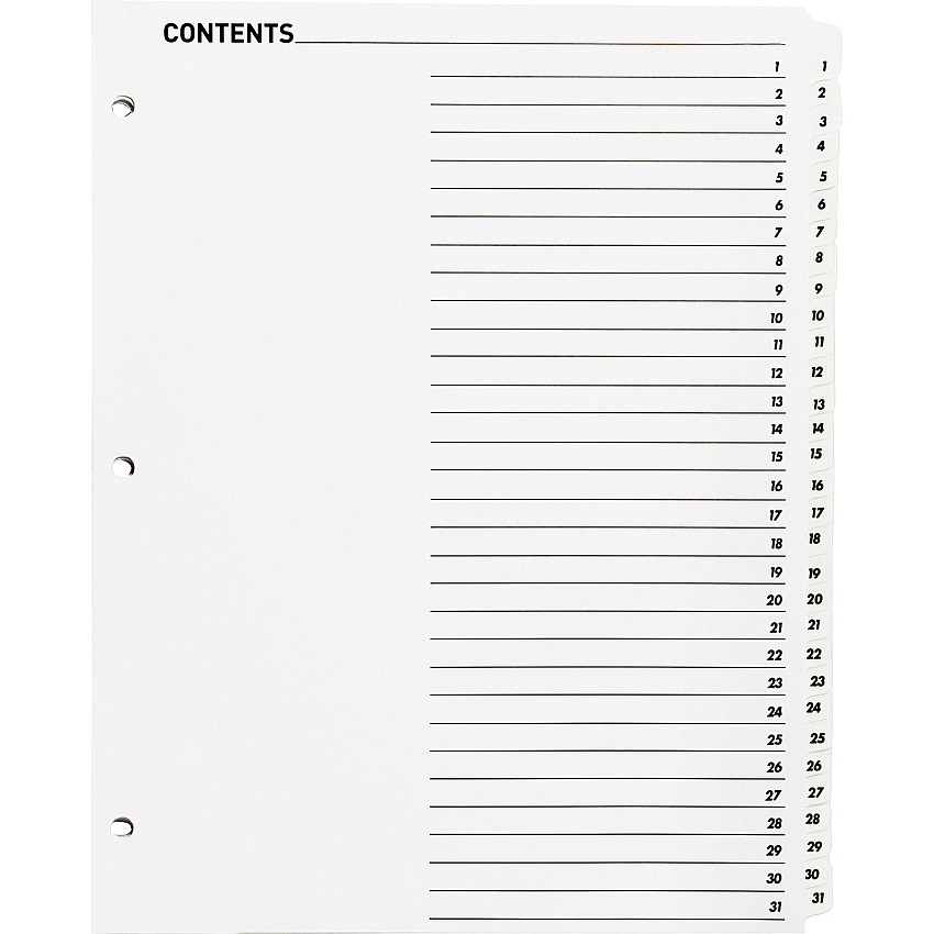 Business Source Table of Content Quick Index Dividers Printed Tab(s) - Digit - 1-31 - 31 Tab(s)/Set - 8.5" Divider Width x 11" Divider Length - 3 Hole Punched - White Divider - White Mylar Tab(s) - 31 / Set (BSN05859)