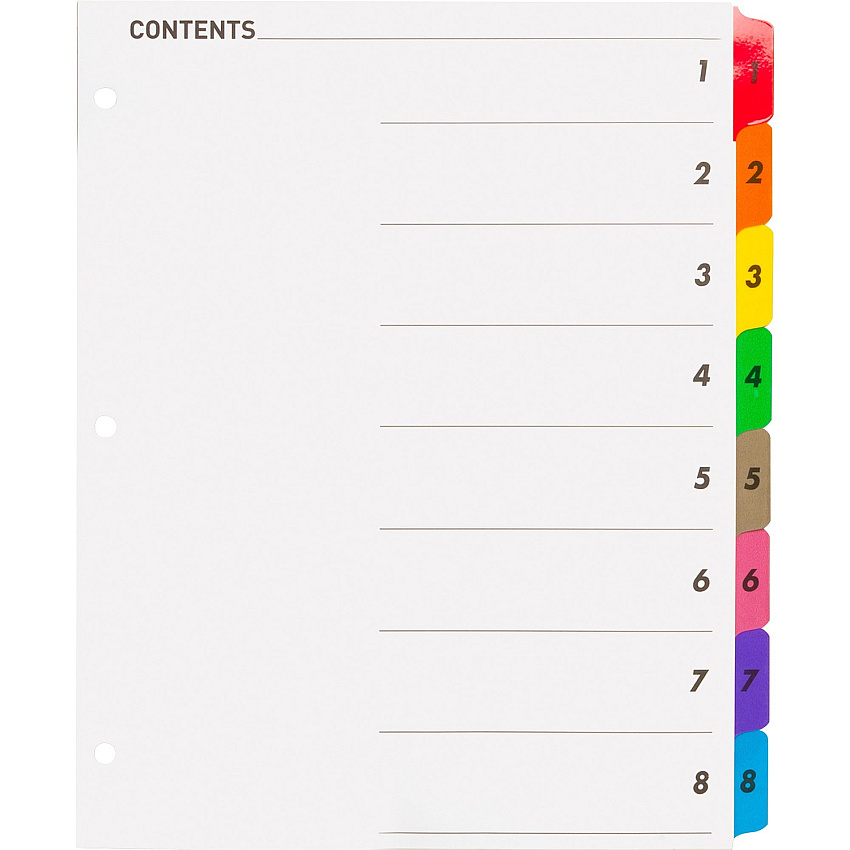 Business Source Table of Content Quick Index Dividers Printed Tab(s) - Digit - 1-8 - 8 Tab(s)/Set - 8.5" Divider Width x 11" Divider Length - 3 Hole Punched - Multicolor Divider - Multicolor Mylar Tab(s) - 8 / Set (BSN21901)