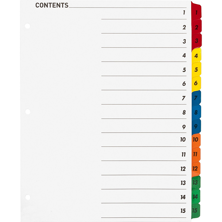 Business Source Table of Content Quick Index Dividers Printed Tab(s) - Digit - 1-15 - 15 Tab(s)/Set - 8.5" Divider Width x 11" Divider Length - 3 Hole Punched - Multicolor Divider - Multicolor Mylar Tab(s) - 15 / Set (BSN21904)