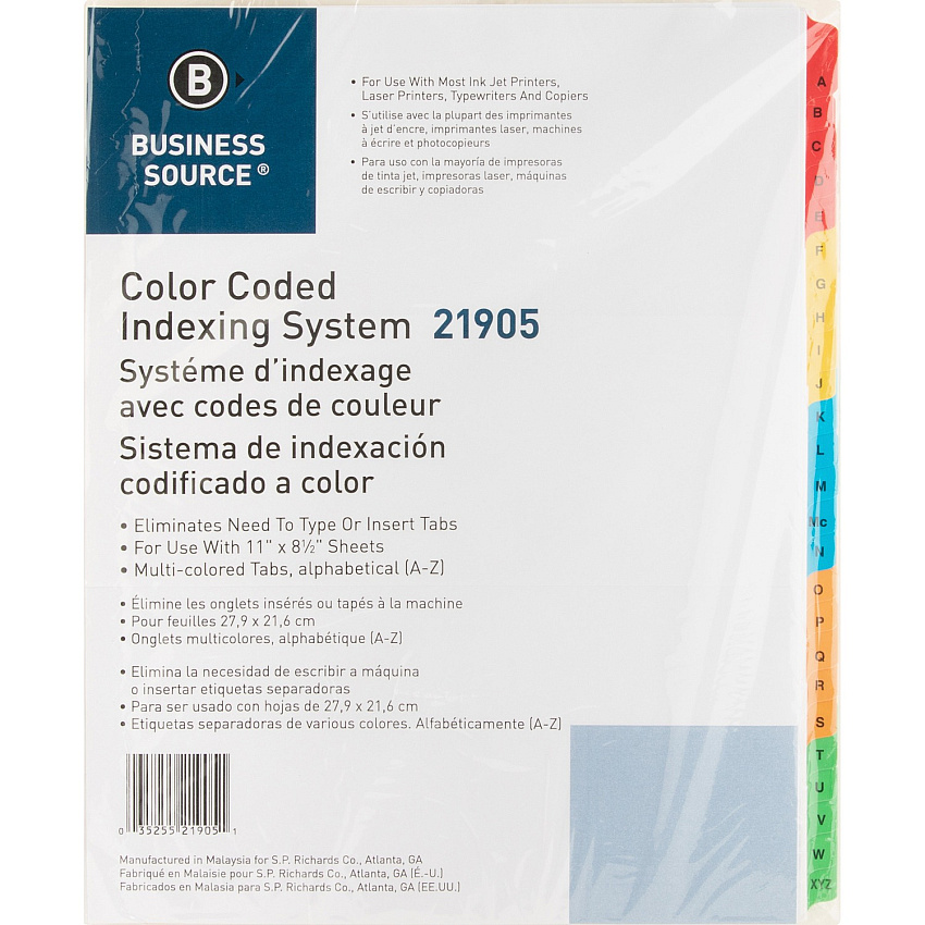 Business Source A-Z Tab Table of Contents Index Dividers Printed Tab(s) - Character - A-Z - 25 Tab(s)/Set - 8.5" Divider Width x 11" Divider Length - Letter - 3 Hole Punched - White Mylar Divider - White Mylar Tab(s) - 25 / Set (BSN21905)