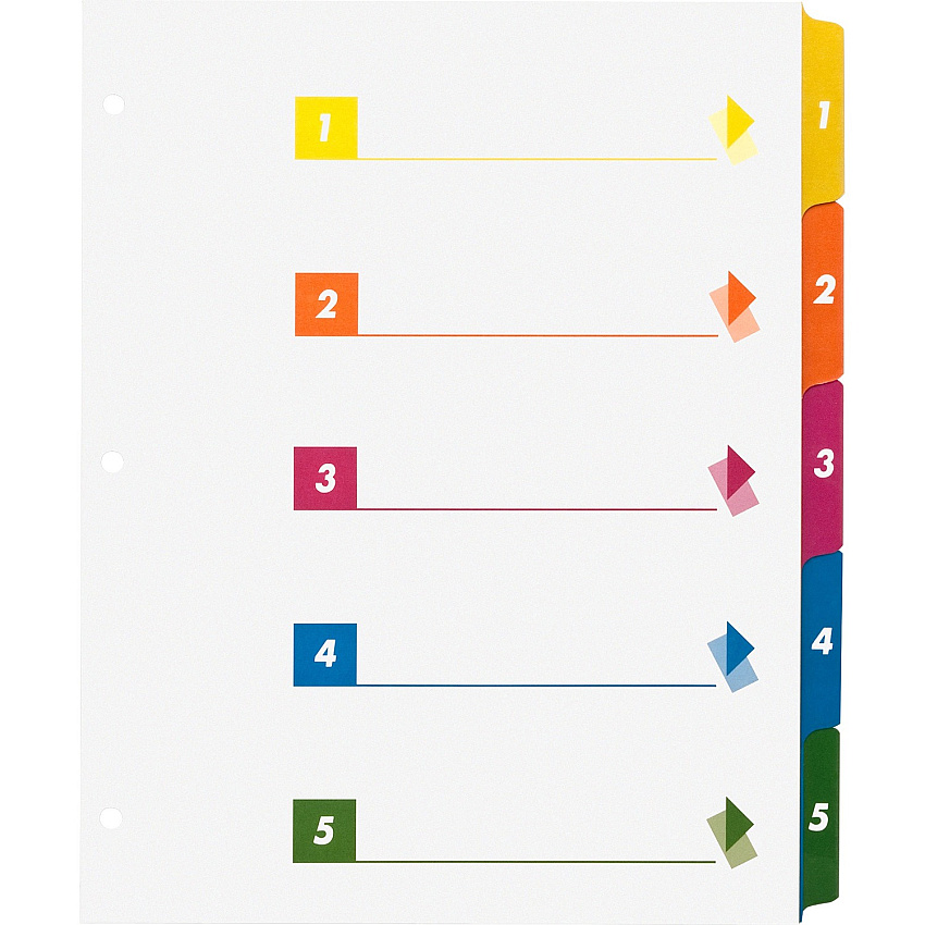 Business Source Color-coded Table of Contents/Tabs Index Dividers Printed Tab(s) - Digit - 1-5 - 5 Tab(s)/Set - 3 Hole Punched - White Divider - Multicolor Mylar Tab(s) - 24 / Box (BSN21908)