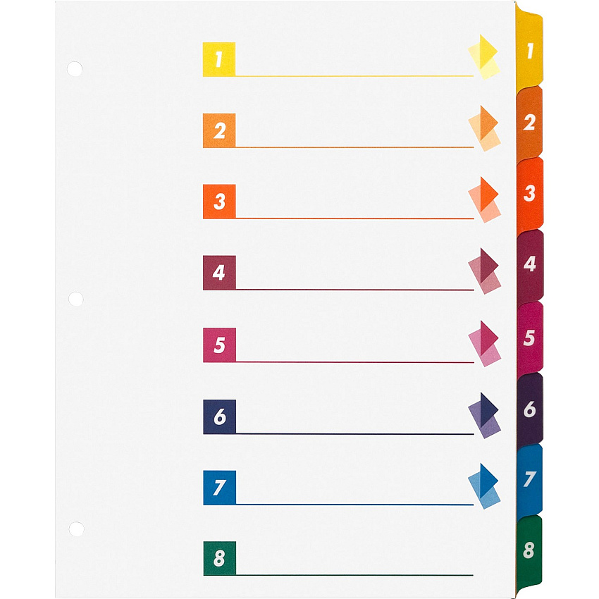 Business Source Color-coded Table of Contents/Tabs Index Dividers Printed Tab(s) - Digit - 1-8 - 8 Tab(s)/Set - 3 Hole Punched - White Divider - Multicolor Mylar Tab(s) - 24 / Box (BSN21909)