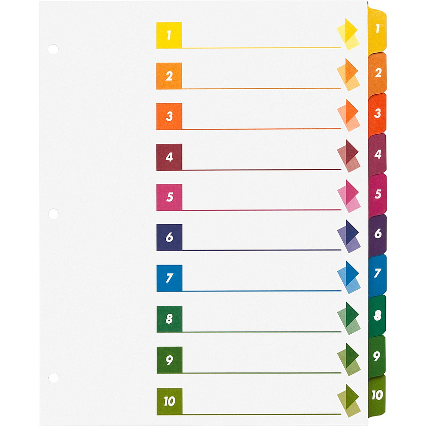 Business Source Color-coded Table of Contents/Tabs Index Dividers Printed Tab(s) - Digit - 1-10 - 10 Tab(s)/Set - 3 Hole Punched - Multicolor Divider - Multicolor Mylar Tab(s) - 24 / Box (BSN21910)