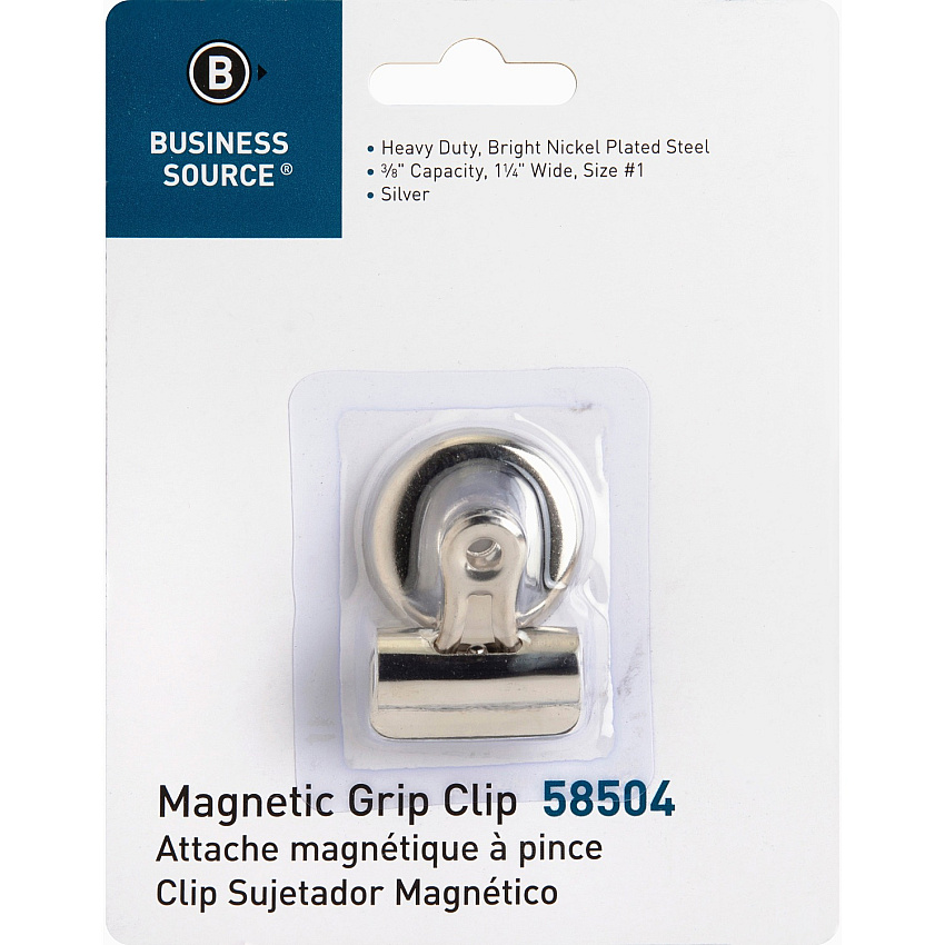 Business Source Magnetic Grip Clips No. 1 - 1.3" Width - for Paper - Magnetic Backing, Heavy Duty - Silver - 1 Each (BSN58504)