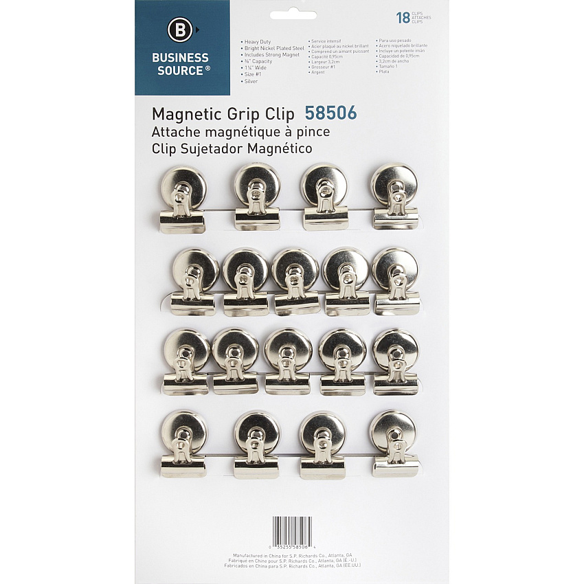 Business Source Magnetic Grip Clips Pack No. 1 - 1.3" Width - for Paper - Magnetic, Heavy Duty - Silver - 18 / Box (BSN58506)