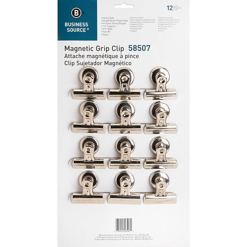Business Source Magnetic Grip Clips Pack No. 2 - 2.3" Width - for Paper - Magnetic, Heavy Duty - Silver - 12 / Box (BSN58507)