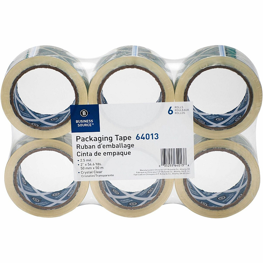 Business Source Crystal Clear Packaging Tape 55 yd Length x 2" Width - 3" Core - Crystal - Pressure-sensitive Poly - 2.50 mil - Abrasion Resistant, Split Resistant - For Packing - 6 / Pack (BSN64013)