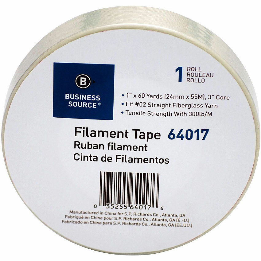 Business Source Heavy-duty Filament Tape 60 yd Length x 1" Width - 3" Core - White - Fiberglass Filament Roll - 1 Roll (BSN64017)