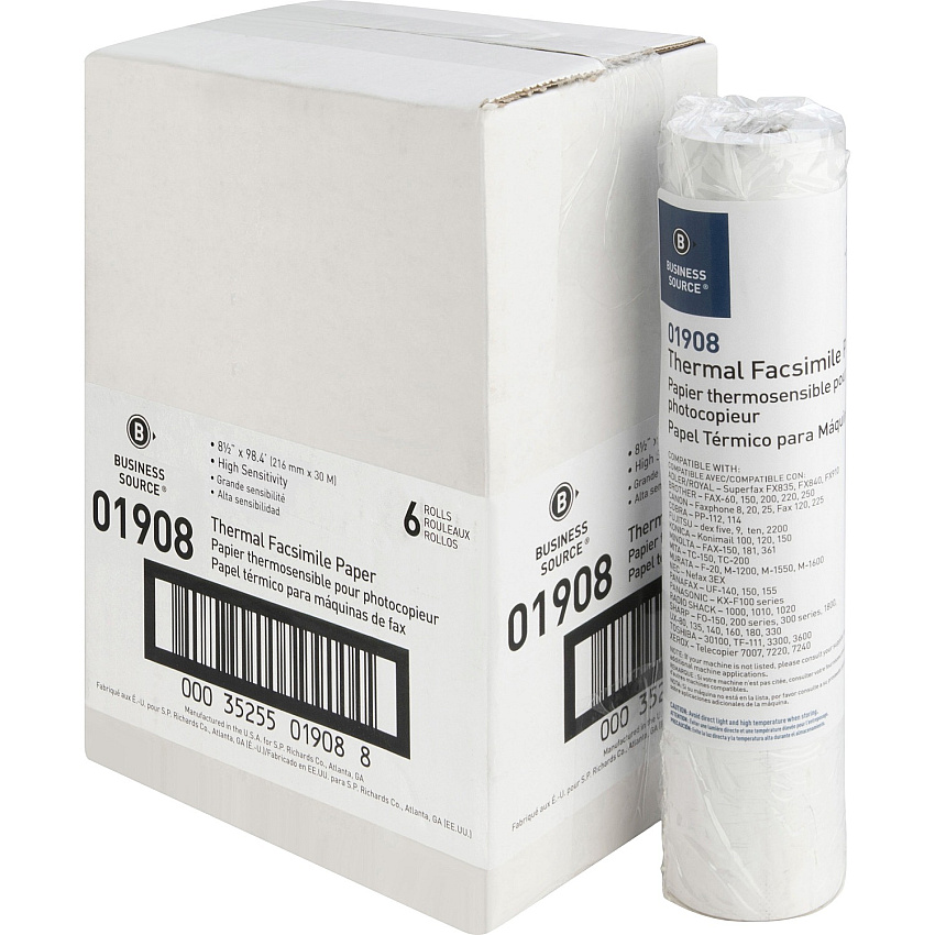 Business Source Thermal Fax Paper Rolls 8 1/2" x 98 ft - White - 6 / Carton (BSN01908)