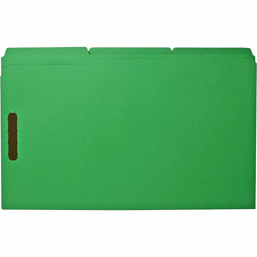 Business Source 1/3 Tab Cut Legal Recycled Fastener Folder 8 1/2" x 14" - 3/4" Expansion - 2 Fastener(s) - 2" Fastener Capacity - Top Tab Location - Assorted Tab Position - 11 pt. - Green - 10% Recycled - 50 / Box (BSN17220)