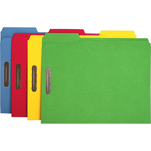 Business Source 1/3 Tab Cut Letter Recycled Fastener Folder 8 1/2" x 11" - 3/4" Expansion - 2 Fastener(s) - 2" Fastener Capacity - Top Tab Location - Assorted Tab Position - 11 pt. - Yellow, Blue, Green, Red - 10% Recycled - 50 / Box (BSN17571)