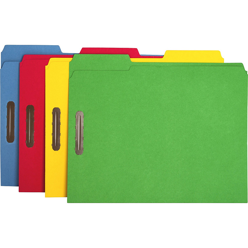 Business Source 1/3 Tab Cut Letter Recycled Fastener Folder 8 1/2" x 11" - 3/4" Expansion - 2 Fastener(s) - 2" Fastener Capacity - Top Tab Location - Assorted Tab Position - 11 pt. - Yellow, Blue, Green, Red - 10% Recycled - 50 / Box (BSN17571)