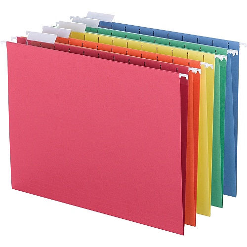 Business Source 1/5 Tab Cut Letter Recycled Hanging Folder 8 1/2" x 11" - Top Tab Location - Blue, Green, Orange, Red, Yellow - 10% Recycled - 25 / Box (BSN5215AST)