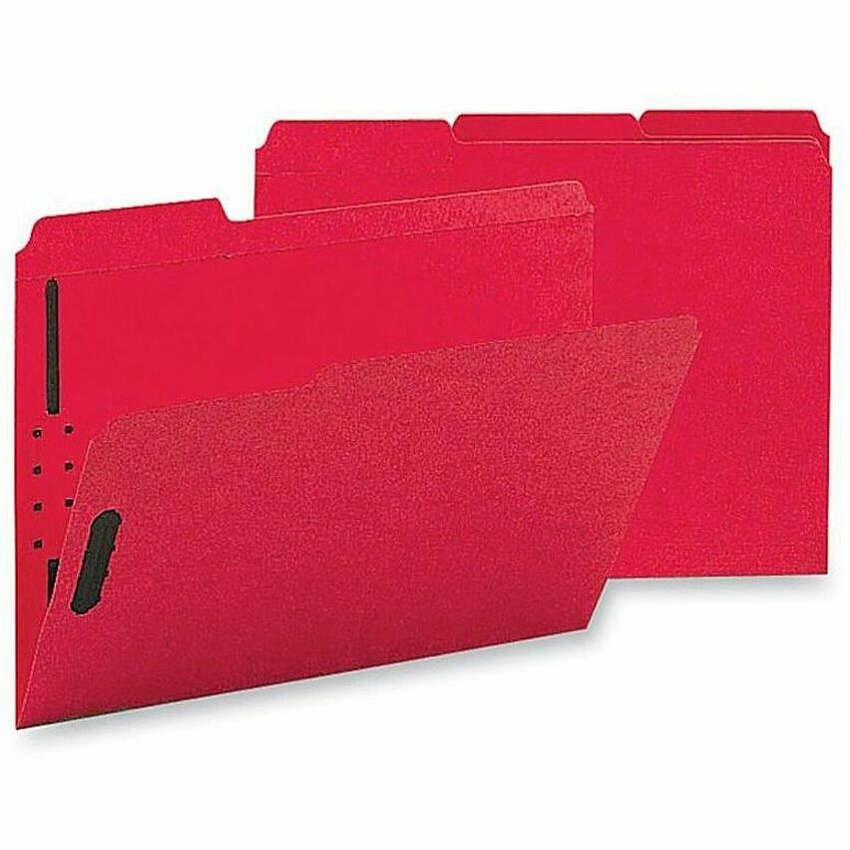 Business Source 1/3 Tab Cut Letter Recycled Fastener Folder 8 1/2" x 11" - 3/4" Expansion - 2 Fastener(s) - 2" Fastener Capacity - Top Tab Location - Assorted Tab Position - 11 pt. - 2 Plys - Red - 10% Recycled - 50 / Box (BSN17269)