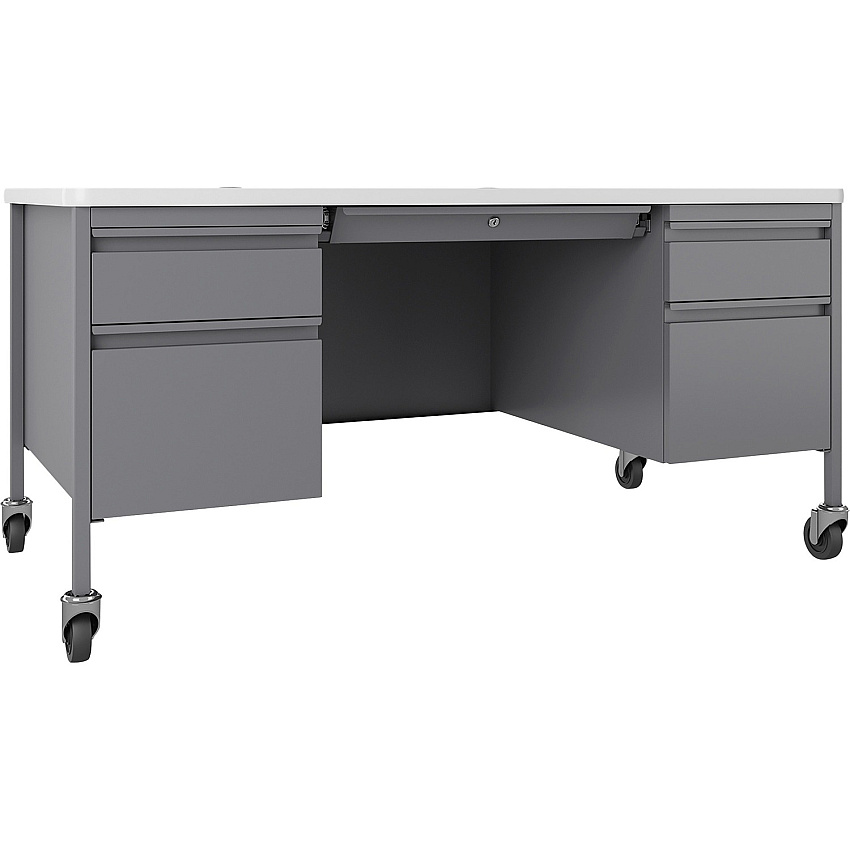 Lorell Fortress Series Mobile Double-Pedestal Teachers Desk 29.5" Height x 60" Width x 30" DepthBox, File Drawer(s) - Double Pedestal - T-mold Edge - Finish: Gray (LLR66946)