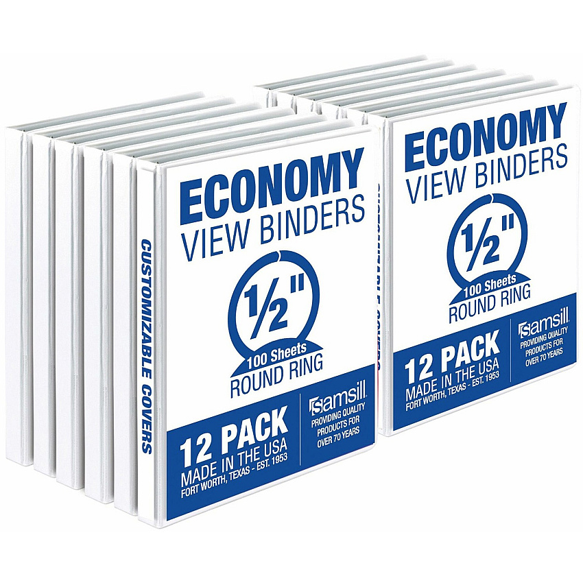 Samsill Economy 0.5 Inch 3 Ring Binder, Made in the USA, Round Ring Binder, Non-Stick Customizable Cover, White, 12 Pack 1/2" Binder Capacity - Letter - 8 1/2" x 11" Sheet Size - 100 Sheet Capacity - 3 Ring(s) - Fastener(s): Round Ring - Pocket( (I08517C)