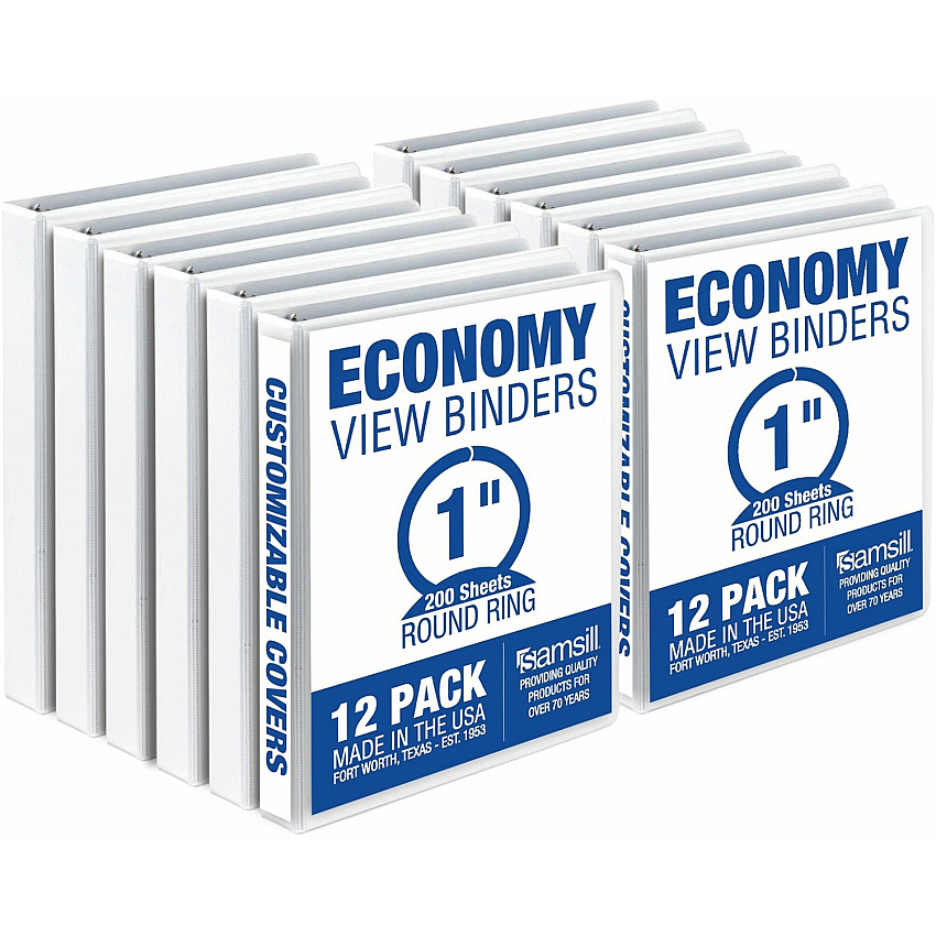 Samsill Economy 1 Inch 3 Ring Binder, Made in the USA, Round Ring Binder, Non-Stick Customizable Cover, White, 12 Pack 1" Binder Capacity - Letter - 8 1/2" x 11" Sheet Size - 100 Sheet Capacity - 3 Ring(s) - Fastener(s): Round Ring - Pocket(s): (I008537C)