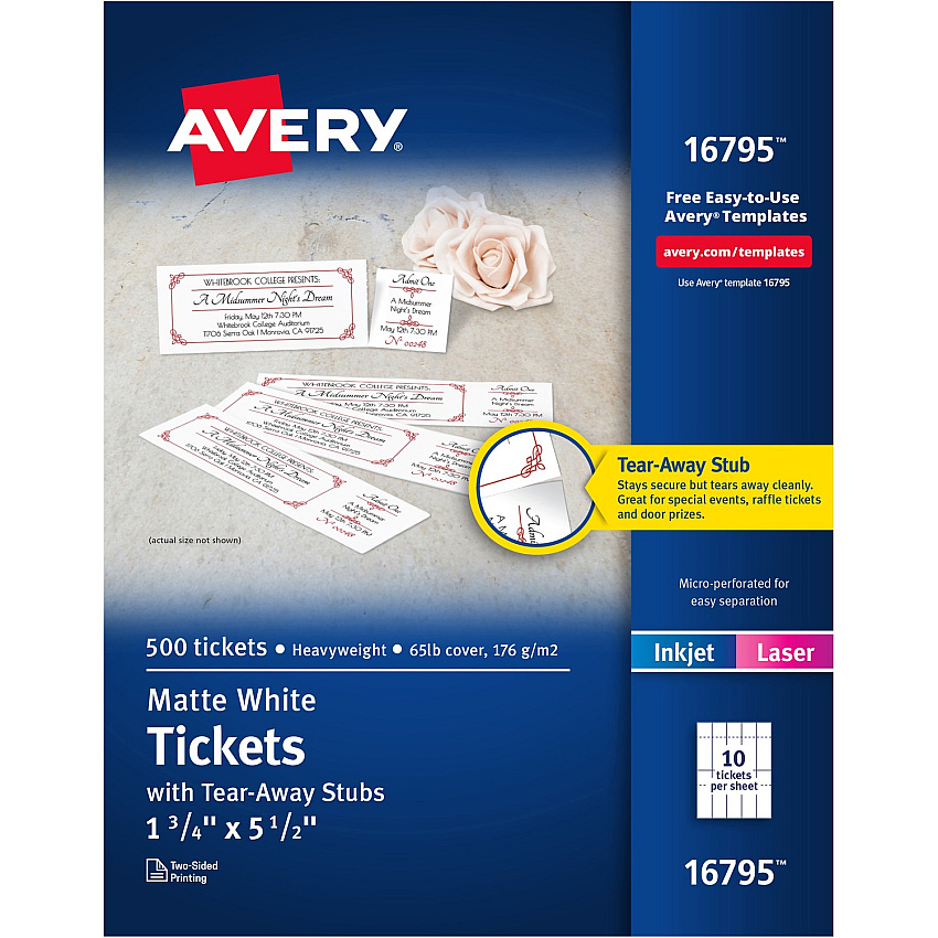 Avery&reg; Blank Printable Perforated Raffle Tickets - Tear-Away Stubs Matte White - 500 / Pack (16795)