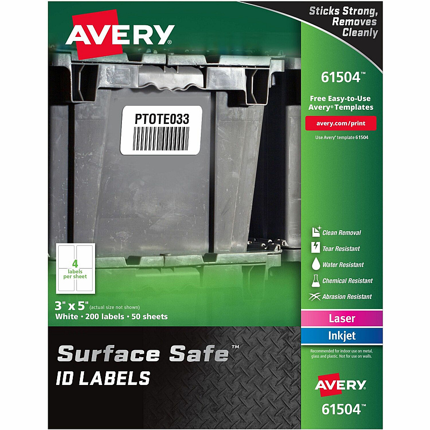 Avery&reg; Surface Safe ID Label 3" Width x 5" Length - Removable Adhesive - Rectangle - Laser, Inkjet - White - Film - Water Resistant - 4 / Sheet - 50 Total Sheets - 200 Total Label(s) - 200 / Pack (61504)