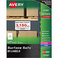 Avery&reg; Surface Safe ID Labels 4" Width x 6" Length - Removable Adhesive - Rectangle - Laser, Inkjet - White - Film - Water Resistant - 2 / Sheet - 50 Total Sheets - 100 Total Label(s) - 100 / Pack (61505)