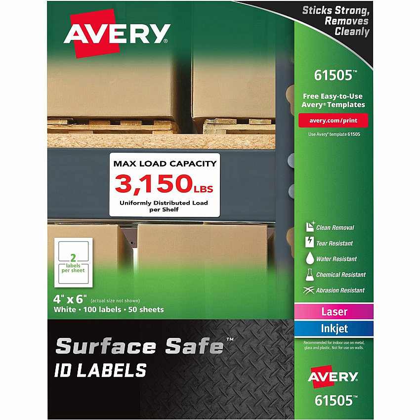 Avery&reg; Surface Safe ID Labels 4" Width x 6" Length - Removable Adhesive - Rectangle - Laser, Inkjet - White - Film - Water Resistant - 2 / Sheet - 50 Total Sheets - 100 Total Label(s) - 100 / Pack (61505)