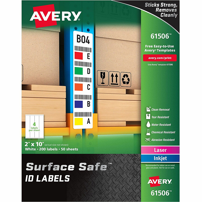 Avery&reg; Surface Safe ID Label 2" Width x 10" Length - Removable Adhesive - Rectangle - Laser, Inkjet - White - Film - Water Resistant - 4 / Sheet - 50 Total Sheets - 200 Total Label(s) - 200 / Pack (61506)