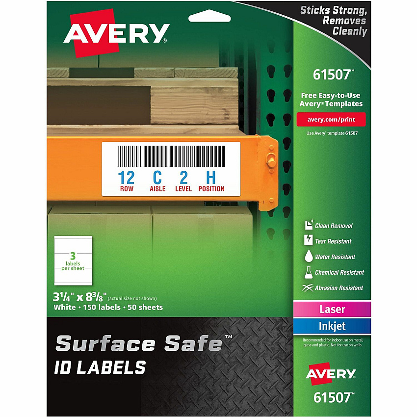 Avery&reg; Surface Safe ID Label 3 1/4" Width x 8 3/8" Length - Removable Adhesive - Rectangle - Laser, Inkjet - White - Film - Water Resistant - 3 / Sheet - 50 Total Sheets - 150 Total Label(s) - 150 / Pack (61507)