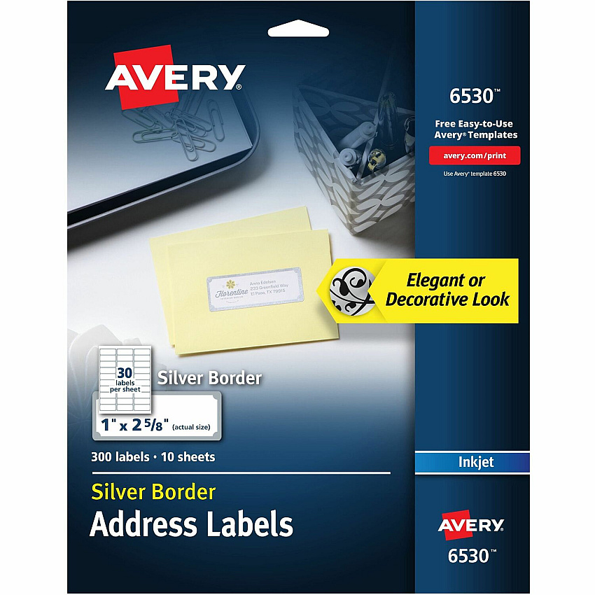 Avery&reg; Easy Peel Address Label 1" Width x 2 5/8" Length - Permanent Adhesive - Rectangle - Inkjet - White, Silver - Paper - 30 / Sheet - 10 Total Sheets - 300 Total Label(s) - 300 / Pack (6530)