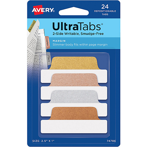 Avery&reg; UltraTabs Repositionable Margin Tabs 24 Tab(s) - 1" Tab Height x 2.50" Tab Width - Clear Film, Gold Paper, Rose Gold, Copper Tab(s) - 24 / Pack (74786)