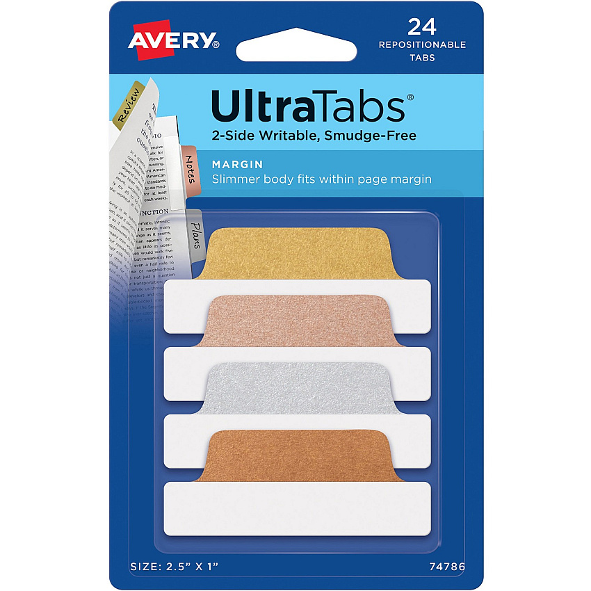 Avery&reg; UltraTabs Repositionable Margin Tabs 24 Tab(s) - 1" Tab Height x 2.50" Tab Width - Clear Film, Gold Paper, Rose Gold, Copper Tab(s) - 24 / Pack (74786)