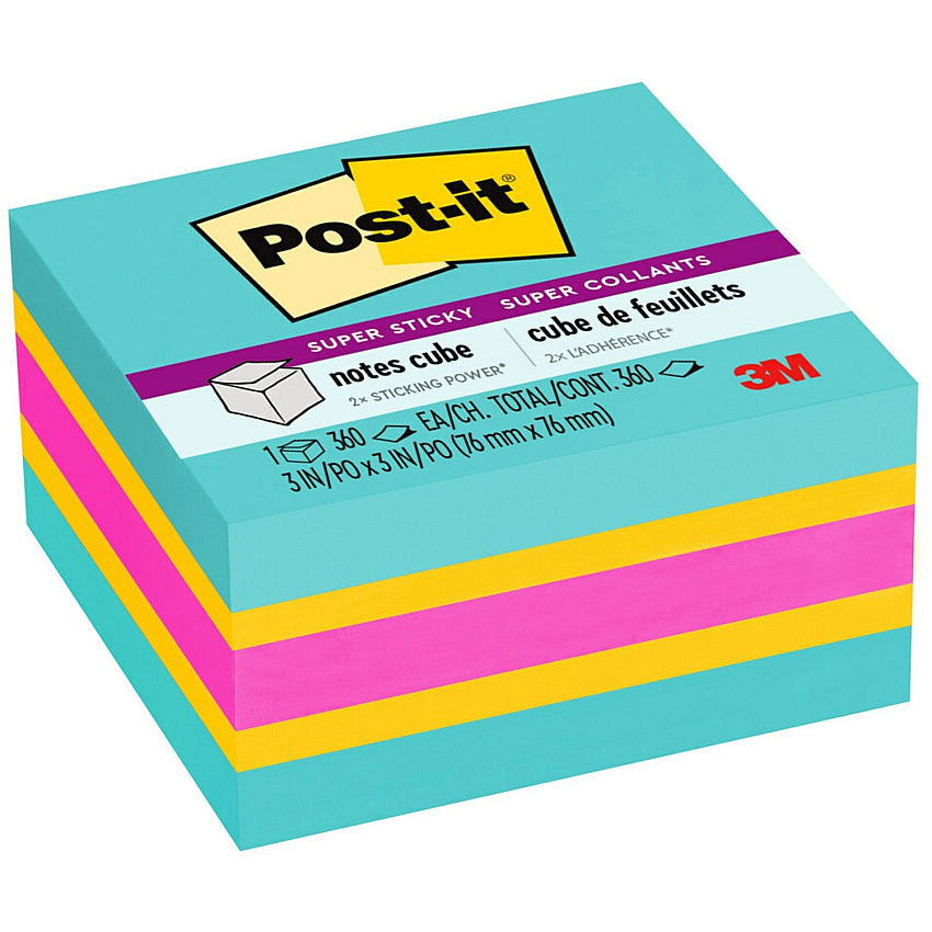 Post-it&reg; Super Sticky Notes Cube 3" Flag/Note Width x 3" Flag/Note Length - Square - 360 Sheets per Pad - Aqua Splash, Sunnyside, Power Pink - Paper - Sticky, Recyclable - 1 Pack (2027SSAFG)