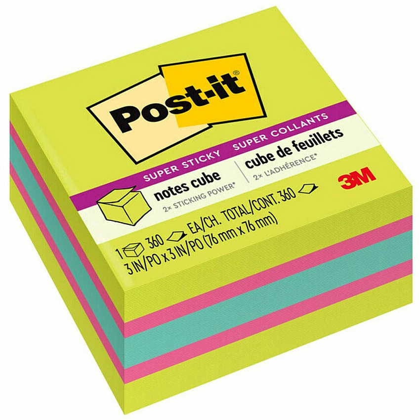 Post-it&reg; Super Sticky Notes Cube 3" Flag/Note Width x 3" Flag/Note Length - Square - 360 Sheets per Pad - Guava, Acid Lime, Aqua Splash - Paper - Sticky, Recyclable - 1 Pack (2027SSGFA)