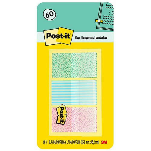 Post-it&reg; Printed Flags 60 x Assorted Pastel - 1" Flag/Note Width x 1 3/4" Flag/Note Length - 30 Sheets per Pad - Green, Blue, Pink - Self-adhesive, Sticky, Removable, Writable - Dispenser Included - 60 / Pack (682GRDNT)