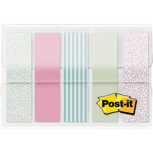 Post-it&reg; Printed Flags 100 x Assorted Pastel - 1/2" Flag/Note Width x 1 3/4" Flag/Note Length - 20 Sheets per Pad - Green, Pink, Blue - Self-adhesive, Sticky, Removable, Writable - Dispenser Included - 100 / Pack (684GRDNT)