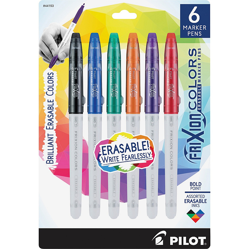 Pilot FriXion Colors Erasable Marker Pens 2.5 mm Bold Pen Point - Erasable - Black, Blue, Red, Green, Orange, Purple Ink - White Barrel - 6 / Pack (44153)