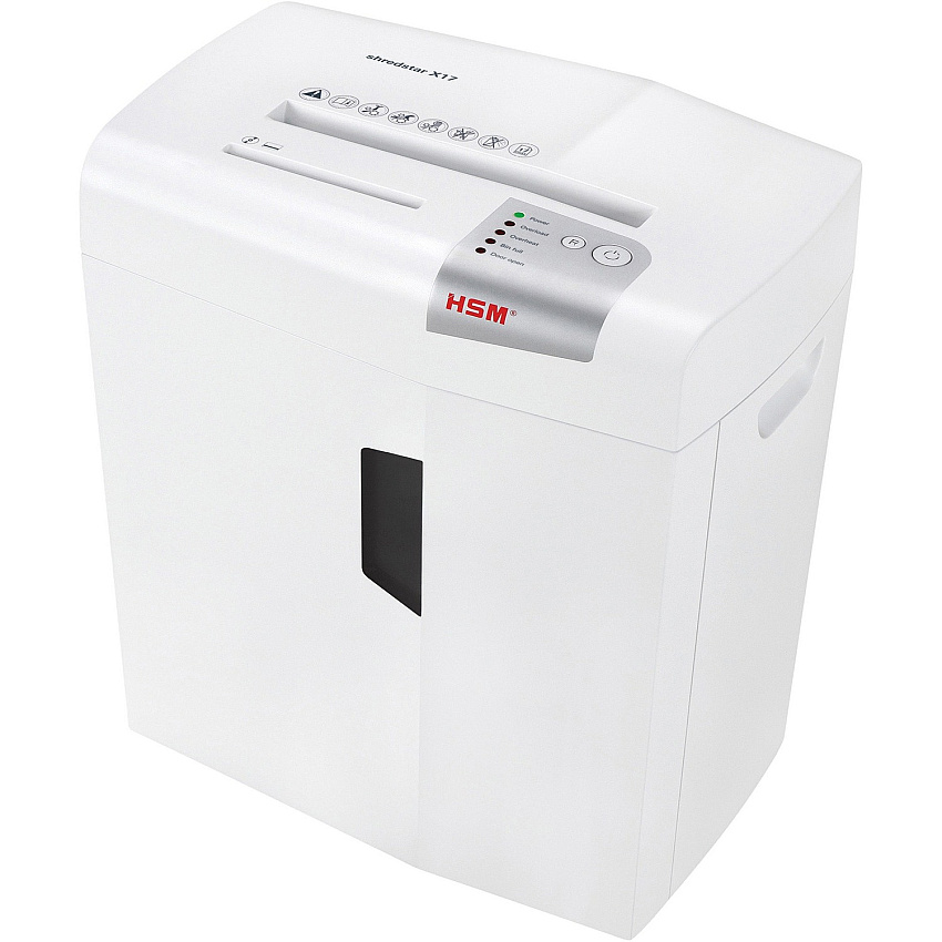 HSM Shredstar X17 - 5/32" x 1 3/8" + Sep. CD Cutting Unit Particle Cut - 15 Per Pass - for shredding Paper, Staples, Paper Clip, Credit Card, CD, DVD - 0.156" x 1.125" Shred Size - P-4/O-1/T-2/E-2/F-1 - 9.06" Throat - 6.90 gal Wastebin Capacity  (1030133)