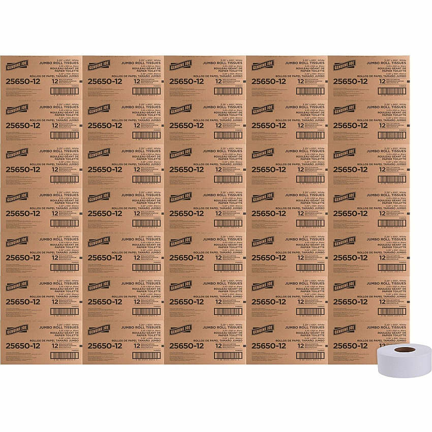 Genuine Joe&reg; Jumbo Toilet Paper, 2-Ply, 650-ft. Rolls, 648 Roll Pallet 2 Ply - 3.30" Width x 650 ft Length - White - 648 / Pallet (GJO2565012PL)