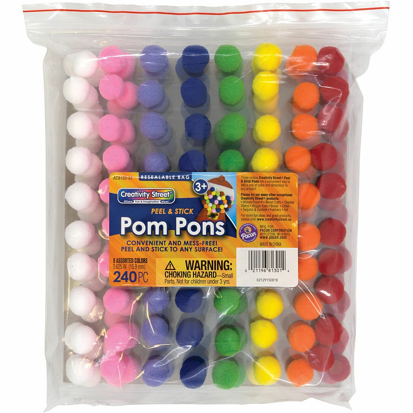 Creativity Street Peel-n-Stick Pom Pons Project - 11.75" Height x 1.50" Width x 9.25" Length - White, Pink, Purple, Blue, Yellow, Orange, Green, Red - Plush - 240 / Pack (AC813001)