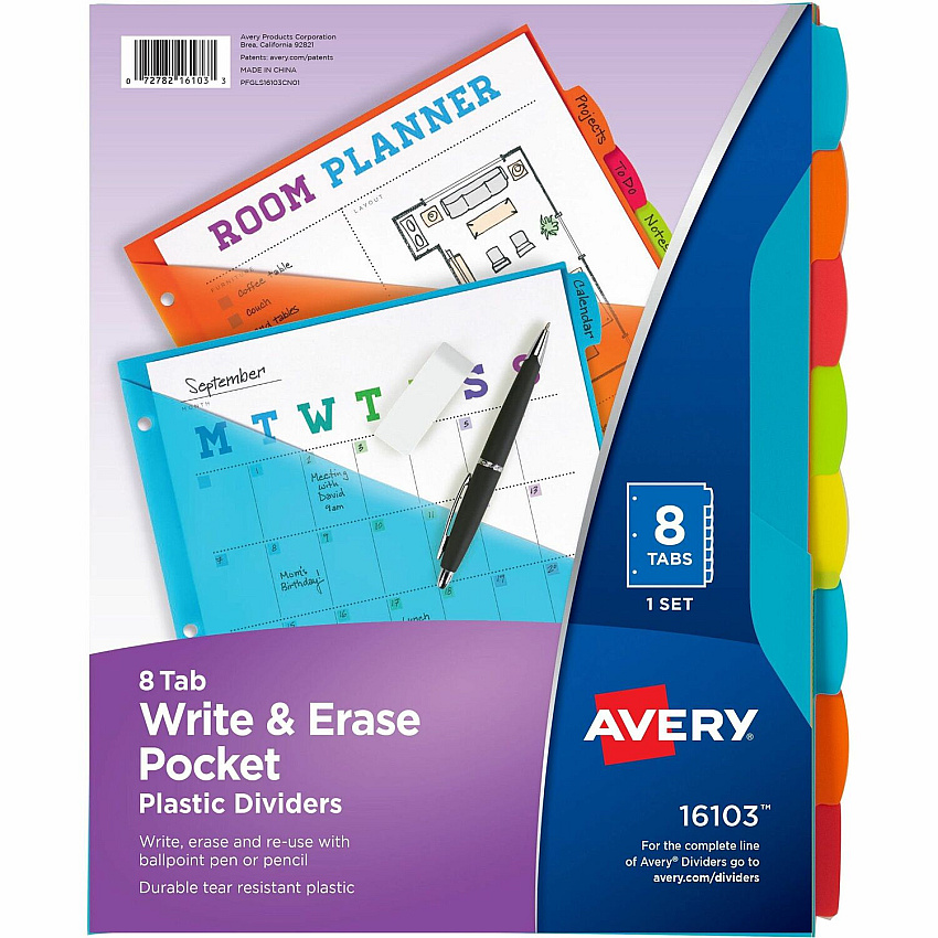 Avery Write & Erase 8-Tab Plastic Dividers, Pockets, Brights Multicolor - Plastic - Hole-punched, Write-on Label, Durable, Reusable, Tear Resistant - 8 / Set (16103)