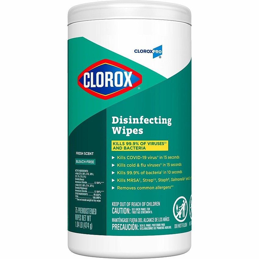 CloroxPro&trade; Disinfecting Wipes Ready-To-Use - Fresh Scent - Easy Tear, Pre-moistened, Bleach-free, Phosphorous-free, Easy to Use, Antibacterial - Green - 75/Tub - 240 / Bundle (15949BD)