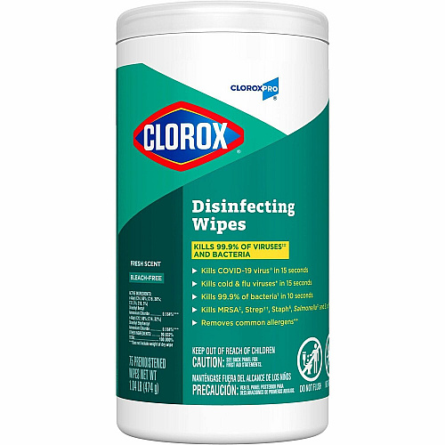 CloroxPro&trade; Disinfecting Wipes Ready-To-Use - Fresh Scent - Easy Tear, Pre-moistened, Bleach-free, Phosphorous-free, Easy to Use, Antibacterial - Green - 75/Tub - 480 / Pallet (15949PL)