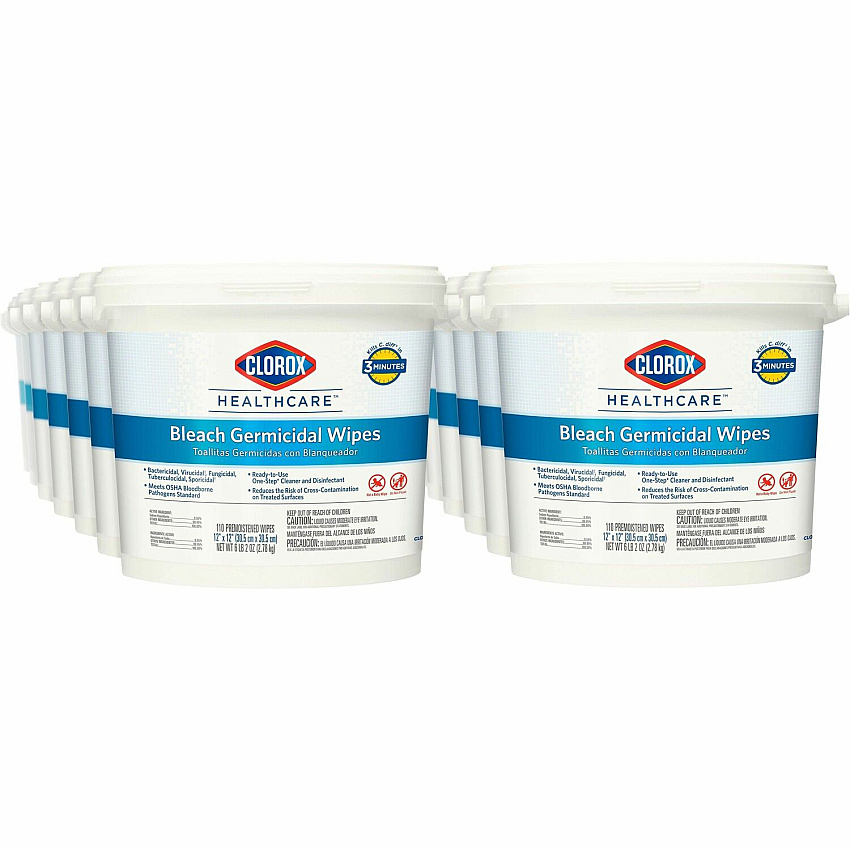 Clorox Healthcare Bleach Germicidal Wipes Ready-To-Use - 12" Length x 12" Width - Anti-corrosive, Antibacterial - White - 110/Tub - 50 / Bundle (30358BD)